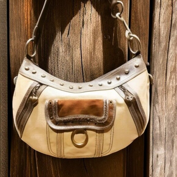 *SALE*KATHY VAN ZEELAND Canvas country studded brass crossbody rustic EUC - Picture 1 of 13